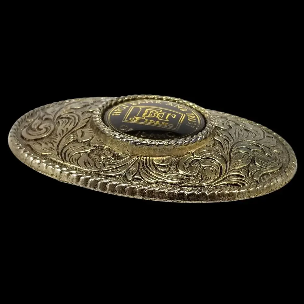 VTG FB&T Belt Buckle First Bank And Trust Of Idaho Western Filigree‎ Rope Edge